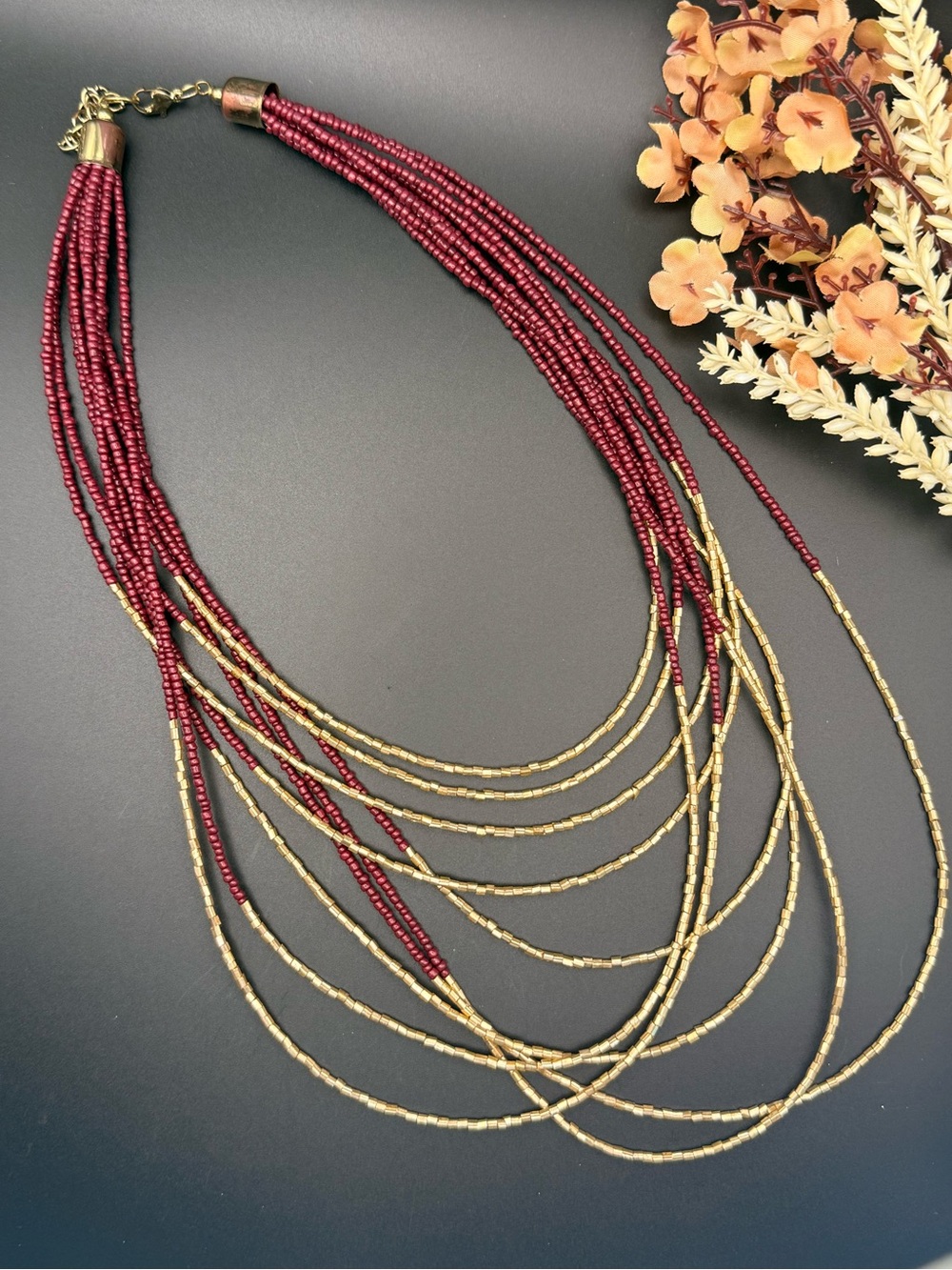 Multi-Strand Burgundy and Gold Seed Beaded Necklace